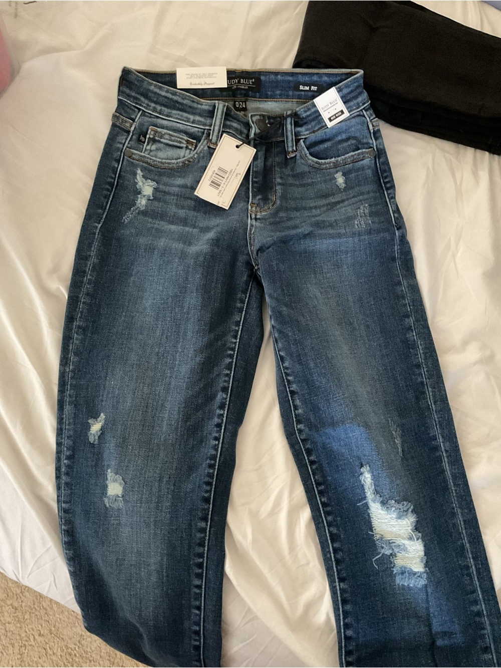 Judy Blue Distressed Boyfriend Jeans - Dark Blue Wash